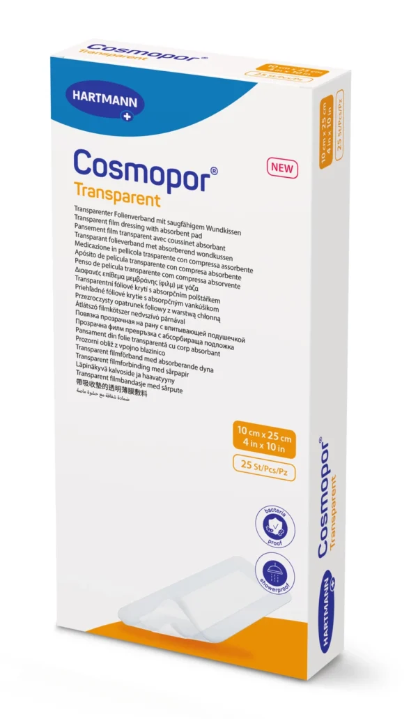 Hartmann Cosmopor Transparent стерилна прозрачна превръзка с абсорбираща подложка, 10 x 25 см, 25 бр.