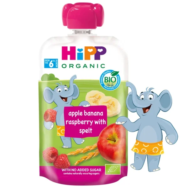 HiPP БИО плодова закуска от ябълка, банан и малина с пълнозърнести култури, 100 г