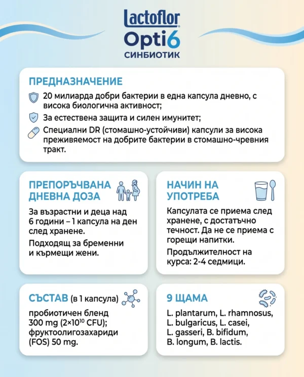 Lactoflor Opti6 синбиотик, 12 стомашно-устойчиви капсули — снимка 2