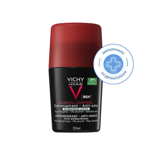 Vichy Homme Clinical Control рол-он за мъже против изпотяване 96 часа, 2 x 50 мл
