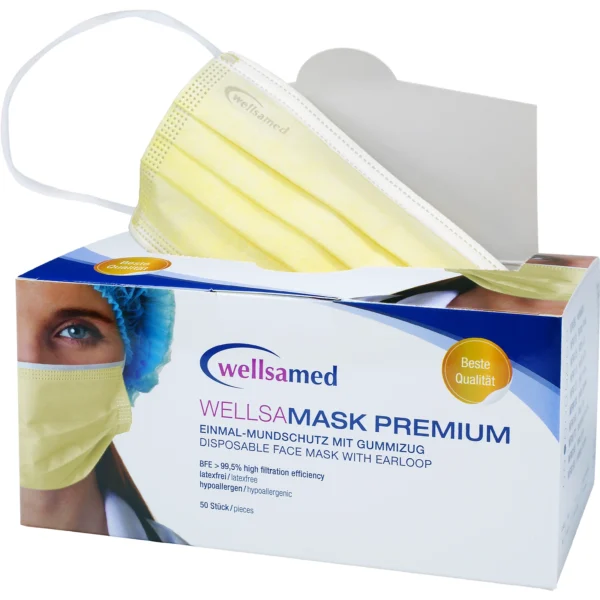 Wellsamed Wellsamask Premium жълти предпазни маски с ластик, 50 бр.